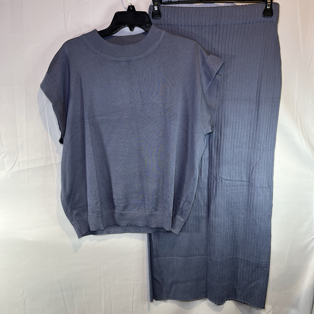 Women 2 Piece Blue Skirt Set Casual Short Sleeve Knit Sweater Vest‎ Pencil Midi